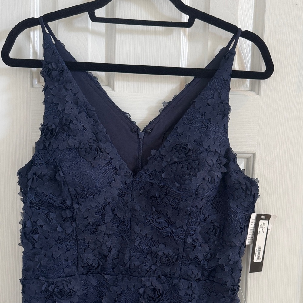 NWT Xscape Navy Lace  Dress w/ Navy Fabric Flowers Throughout